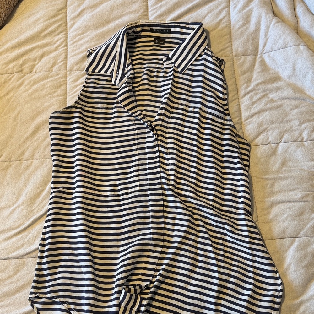 Theory Black and White Striped Button Down Sleeveless Shirt